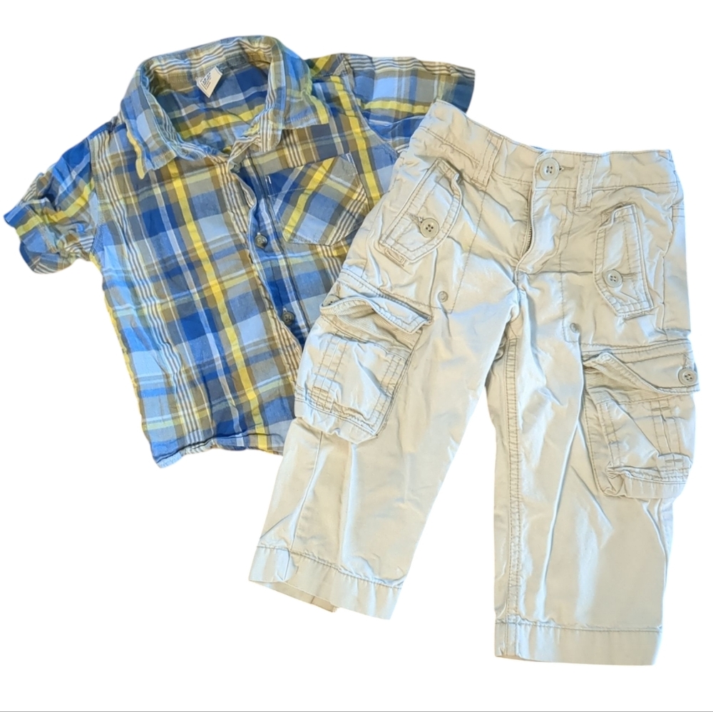 Old Navy Blue Plaid Shirt and Cream Cargo Pants Kids Matching Set